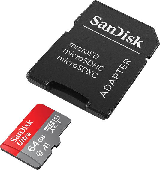 SanDisk Ultra 64 GB microSDXC Memory Card + SD Adapter with A1 App Performance Up to 120 MB/s, Class 10, U1, Red/Grey