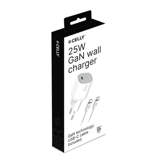 CELLY UPTC1USBC25WCTC - 25W GaN Wall Charger + USB-C to USB-C cable