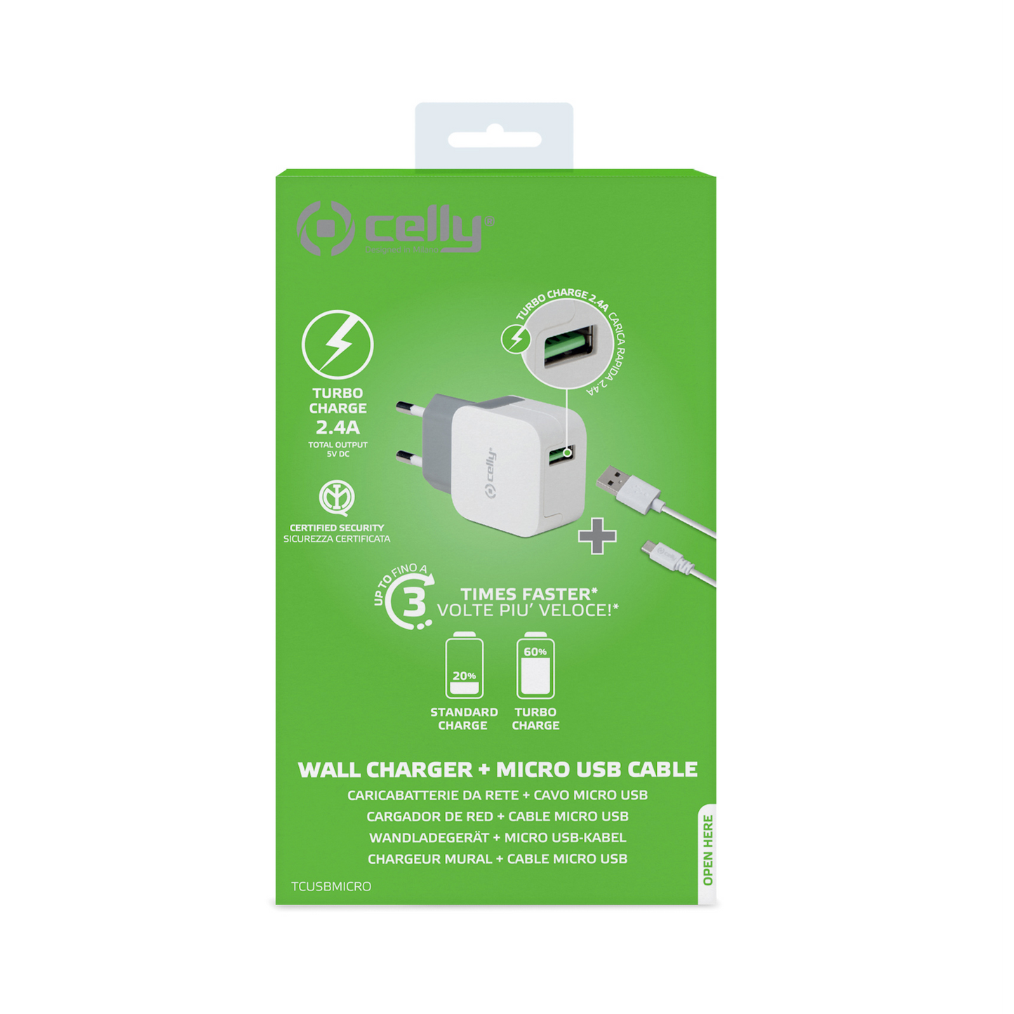CELLY TCUSBMICRO - 12W USB-A Wall Charger+USB-A to Micro Usb Cable [TURBO]